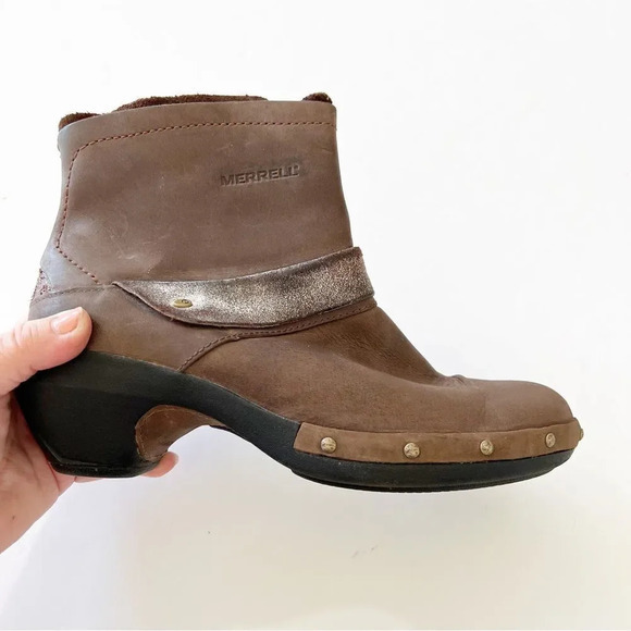 Merrell Luxe Mid 5” Ankle Boot Brown Leather Women’s Size 7.5 Brushed Metallic - Picture 2 of 12